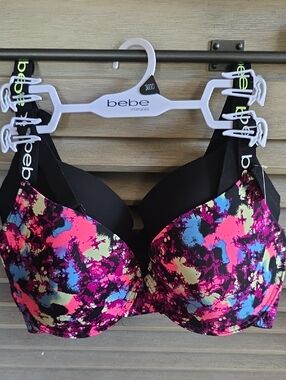 bebe Black Bra with Neon Pink, Blue & Yellow Floral Splash